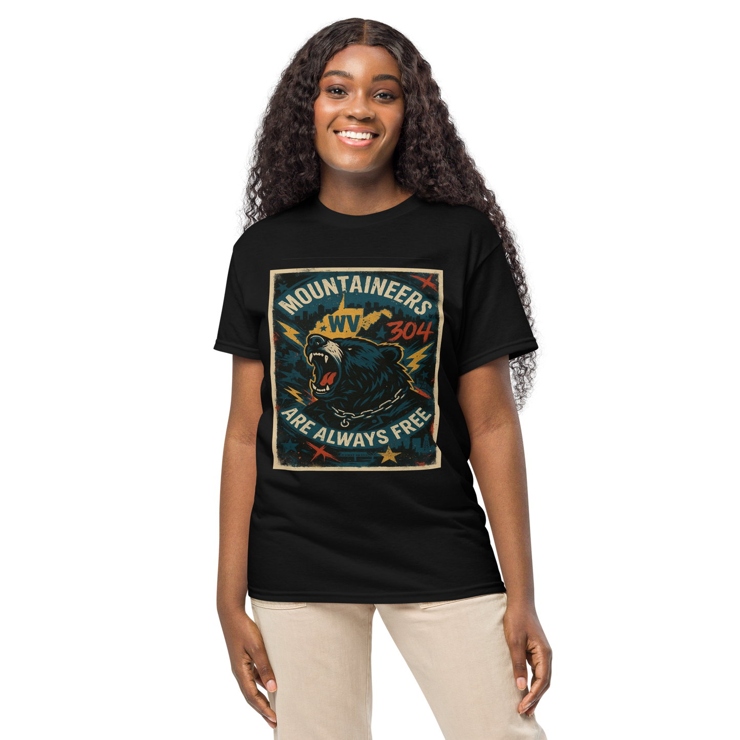 Mountaineers Are Always Free – West Virginia Cotton T-Shirt for Men and Women, Bear Graphic Freedom Tee, 304 Pride Streetwear with Appalachian Resilience Design
