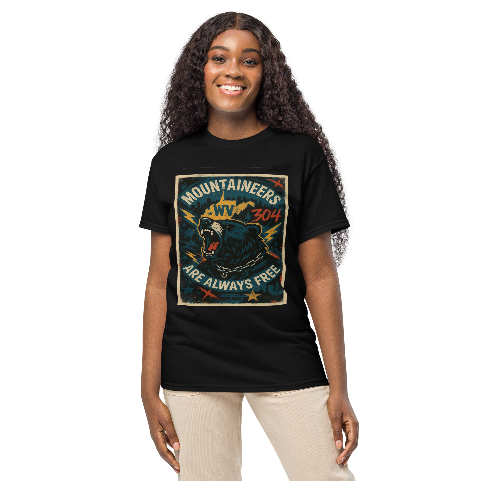 Mountaineers Are Always Free – West Virginia Cotton T-Shirt for Men and Women, Bear Graphic Freedom Tee, 304 Pride Streetwear with Appalachian Resilience Design