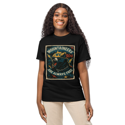 Mountaineers Are Always Free – West Virginia Cotton T-Shirt for Men and Women, Bear Graphic Freedom Tee, 304 Pride Streetwear with Appalachian Resilience Design