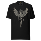 Grave to Glory – Cotton Graphic T-Shirt for Men and Women, Angel Skeleton Streetwear with Glowing Halo Design, Spiritual Grunge Apparel for Soul Survivors and Resilient Rebels