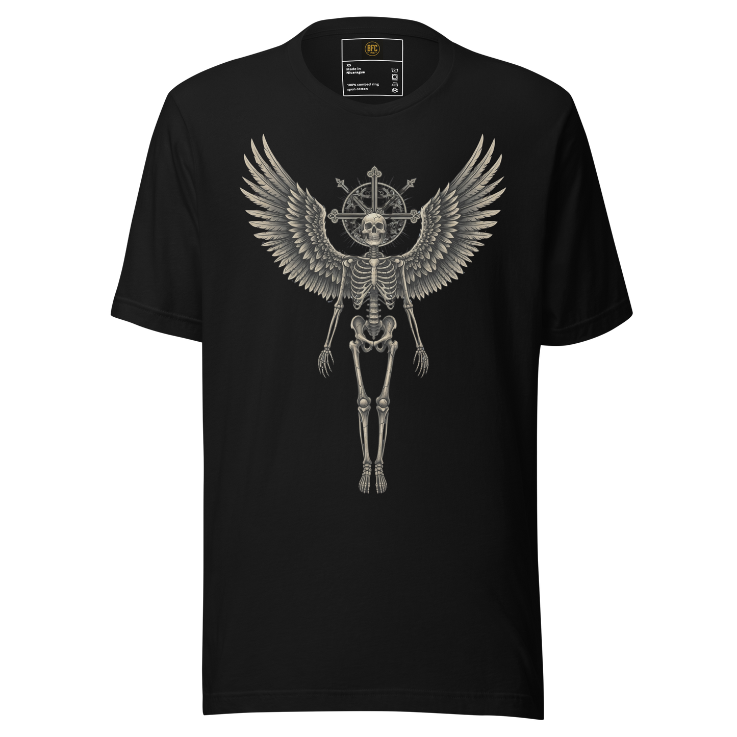 Grave to Glory – Cotton Graphic T-Shirt for Men and Women, Angel Skeleton Streetwear with Glowing Halo Design, Spiritual Grunge Apparel for Soul Survivors and Resilient Rebels