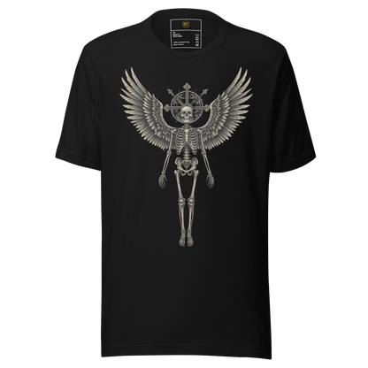 Grave to Glory – Cotton Graphic T-Shirt for Men and Women, Angel Skeleton Streetwear with Glowing Halo Design, Spiritual Grunge Apparel for Soul Survivors and Resilient Rebels