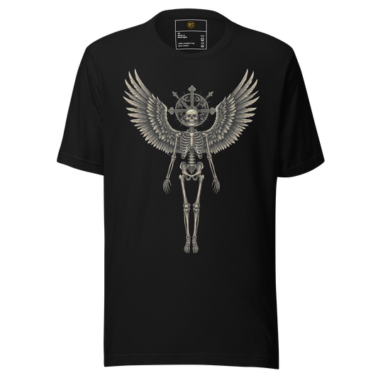 Grave to Glory – Cotton Graphic T-Shirt for Men and Women, Angel Skeleton Streetwear with Glowing Halo Design, Spiritual Grunge Apparel for Soul Survivors and Resilient Rebels