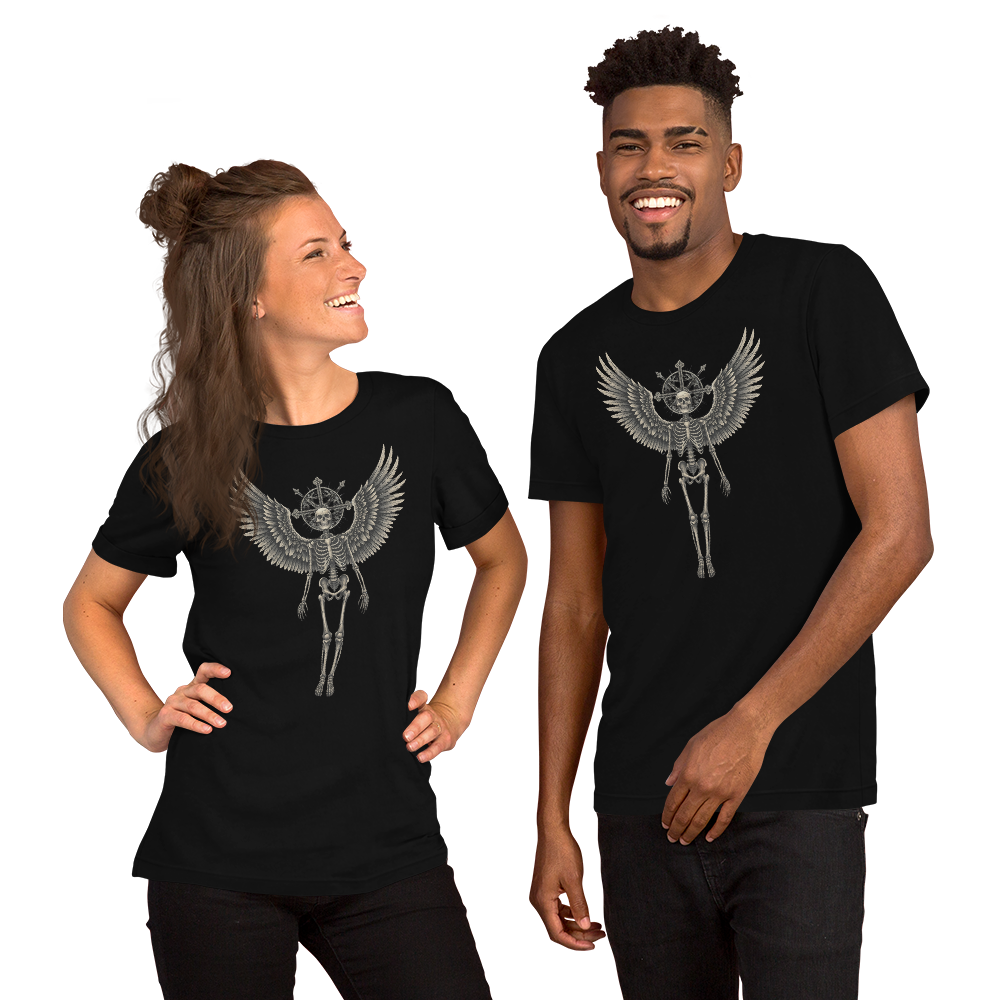 Grave to Glory – Cotton Graphic T-Shirt for Men and Women, Angel Skeleton Streetwear with Glowing Halo Design, Spiritual Grunge Apparel for Soul Survivors and Resilient Rebels