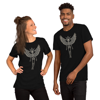 Grave to Glory – Cotton Graphic T-Shirt for Men and Women, Angel Skeleton Streetwear with Glowing Halo Design, Spiritual Grunge Apparel for Soul Survivors and Resilient Rebels