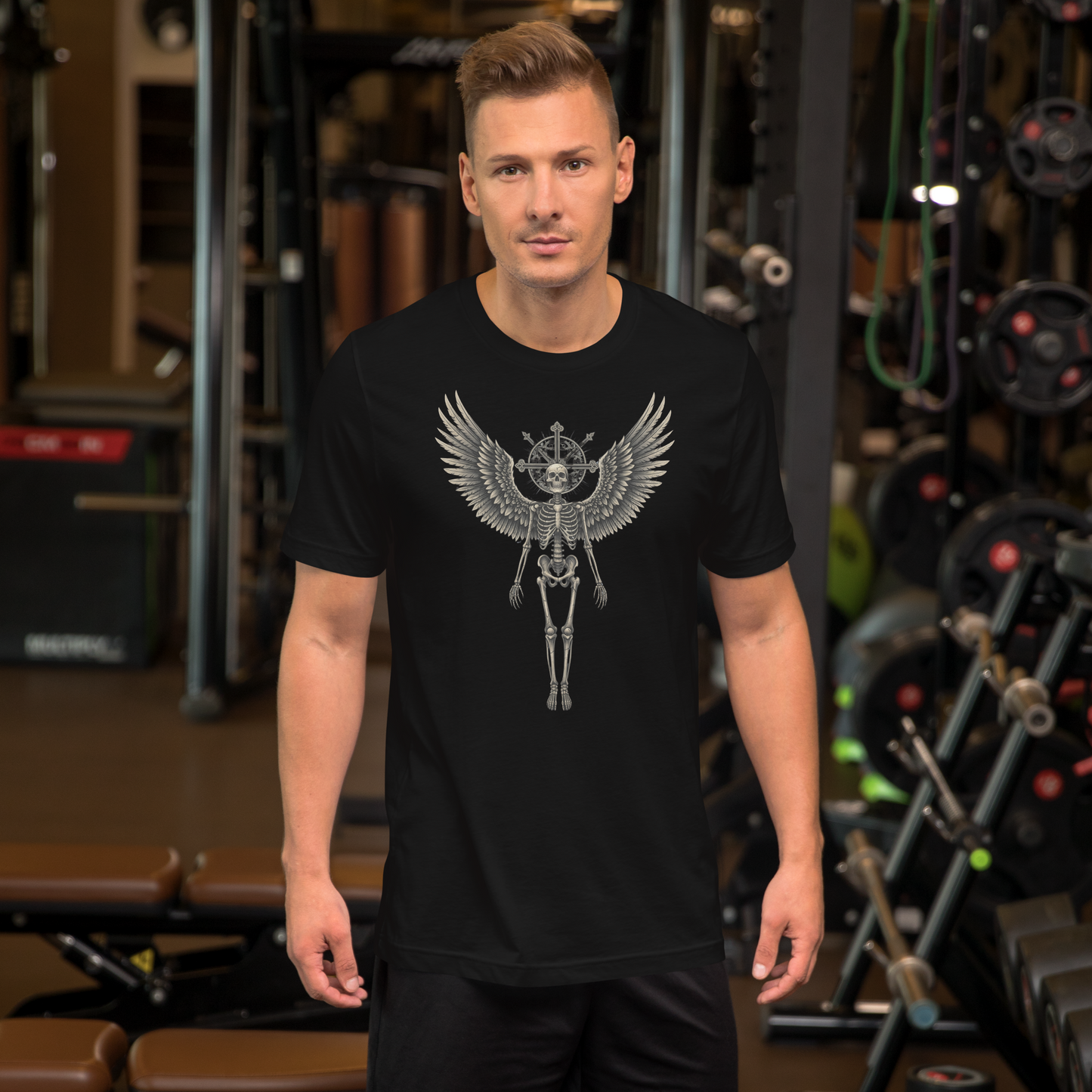 Grave to Glory – Cotton Graphic T-Shirt for Men and Women, Angel Skeleton Streetwear with Glowing Halo Design, Spiritual Grunge Apparel for Soul Survivors and Resilient Rebels