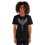 Grave to Glory – Cotton Graphic T-Shirt for Men and Women, Angel Skeleton Streetwear with Glowing Halo Design, Spiritual Grunge Apparel for Soul Survivors and Resilient Rebels