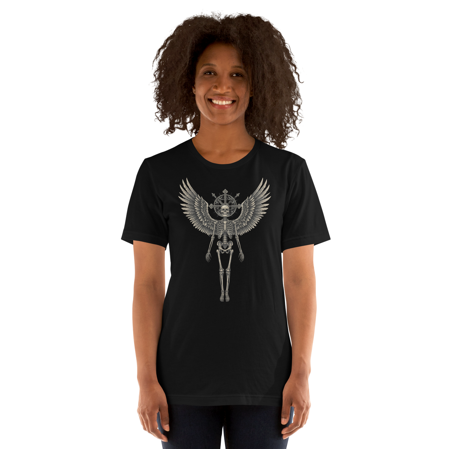 Grave to Glory – Cotton Graphic T-Shirt for Men and Women, Angel Skeleton Streetwear with Glowing Halo Design, Spiritual Grunge Apparel for Soul Survivors and Resilient Rebels