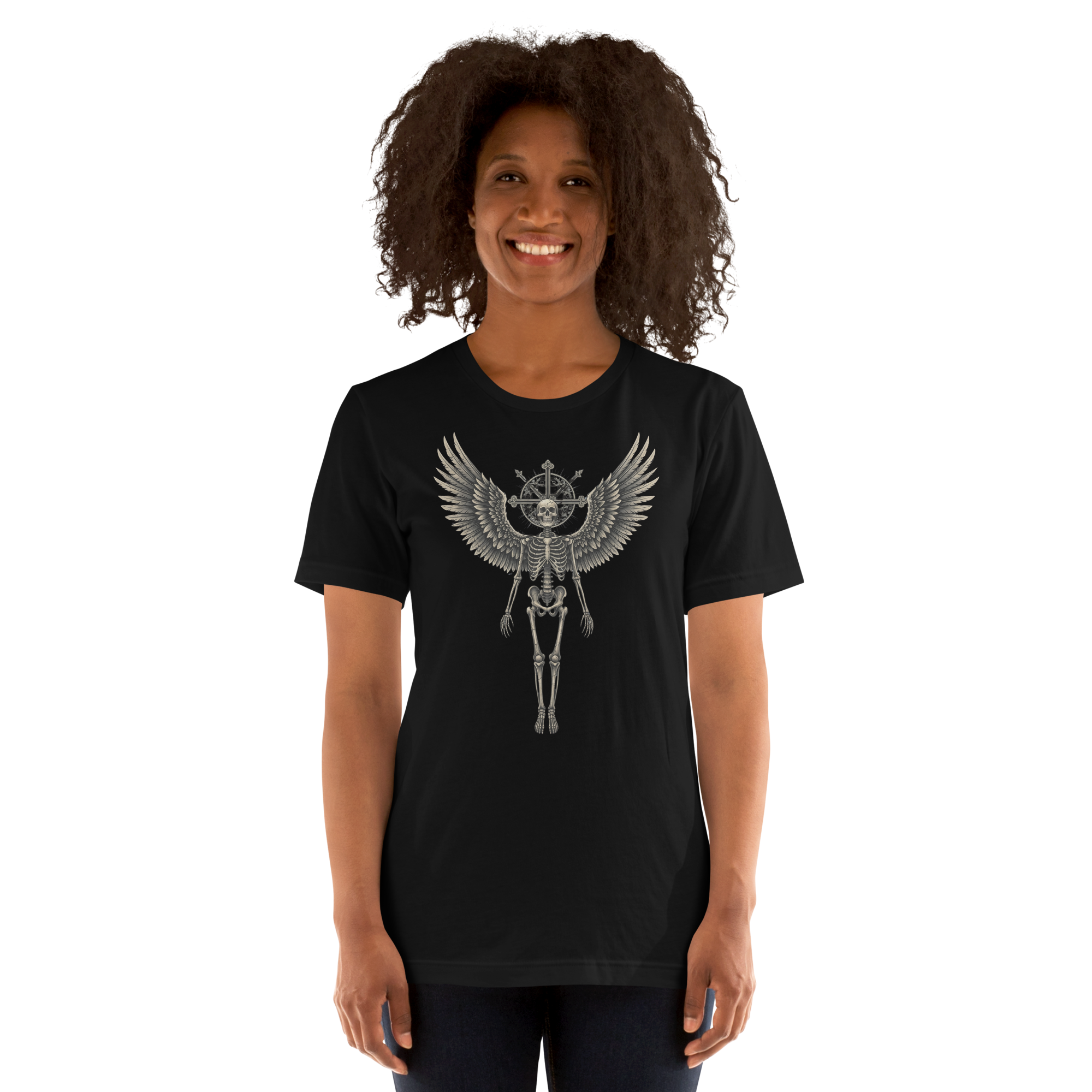 Grave to Glory – Cotton Graphic T-Shirt for Men and Women, Angel Skeleton Streetwear with Glowing Halo Design, Spiritual Grunge Apparel for Soul Survivors and Resilient Rebels
