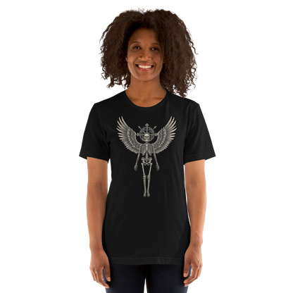 Grave to Glory – Cotton Graphic T-Shirt for Men and Women, Angel Skeleton Streetwear with Glowing Halo Design, Spiritual Grunge Apparel for Soul Survivors and Resilient Rebels