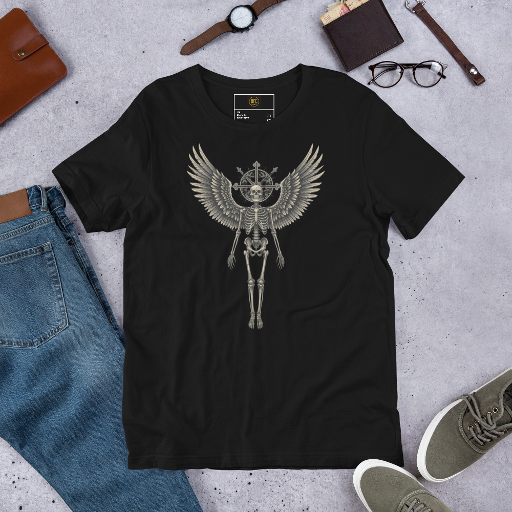 Grave to Glory – Cotton Graphic T-Shirt for Men and Women, Angel Skeleton Streetwear with Glowing Halo Design, Spiritual Grunge Apparel for Soul Survivors and Resilient Rebels