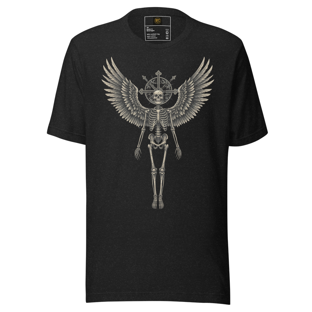 Grave to Glory – Cotton Graphic T-Shirt for Men and Women, Angel Skeleton Streetwear with Glowing Halo Design, Spiritual Grunge Apparel for Soul Survivors and Resilient Rebels