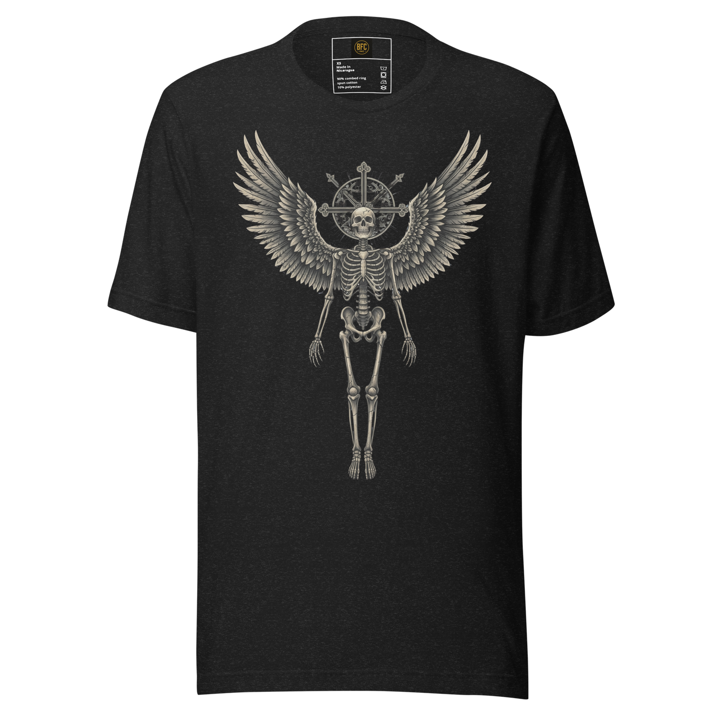 Grave to Glory – Cotton Graphic T-Shirt for Men and Women, Angel Skeleton Streetwear with Glowing Halo Design, Spiritual Grunge Apparel for Soul Survivors and Resilient Rebels