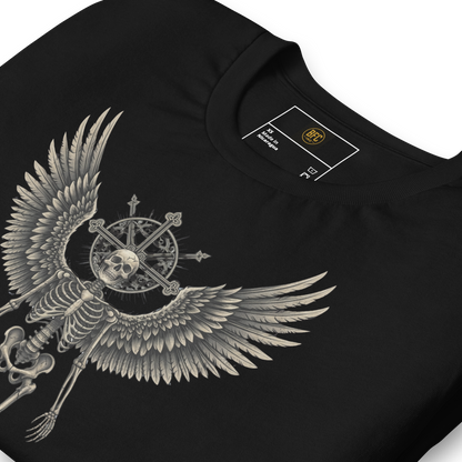 Grave to Glory – Cotton Graphic T-Shirt for Men and Women, Angel Skeleton Streetwear with Glowing Halo Design, Spiritual Grunge Apparel for Soul Survivors and Resilient Rebels