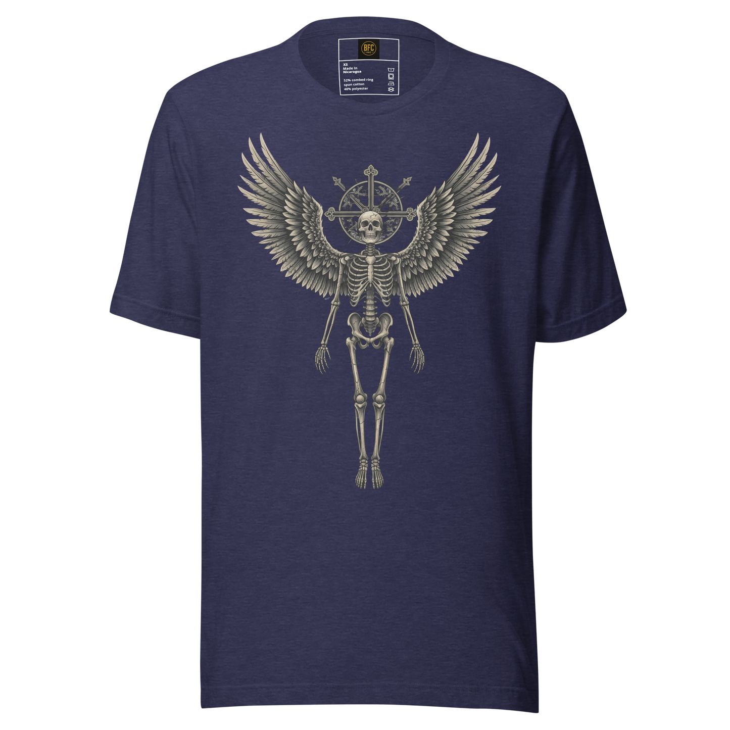 Grave to Glory – Cotton Graphic T-Shirt for Men and Women, Angel Skeleton Streetwear with Glowing Halo Design, Spiritual Grunge Apparel for Soul Survivors and Resilient Rebels