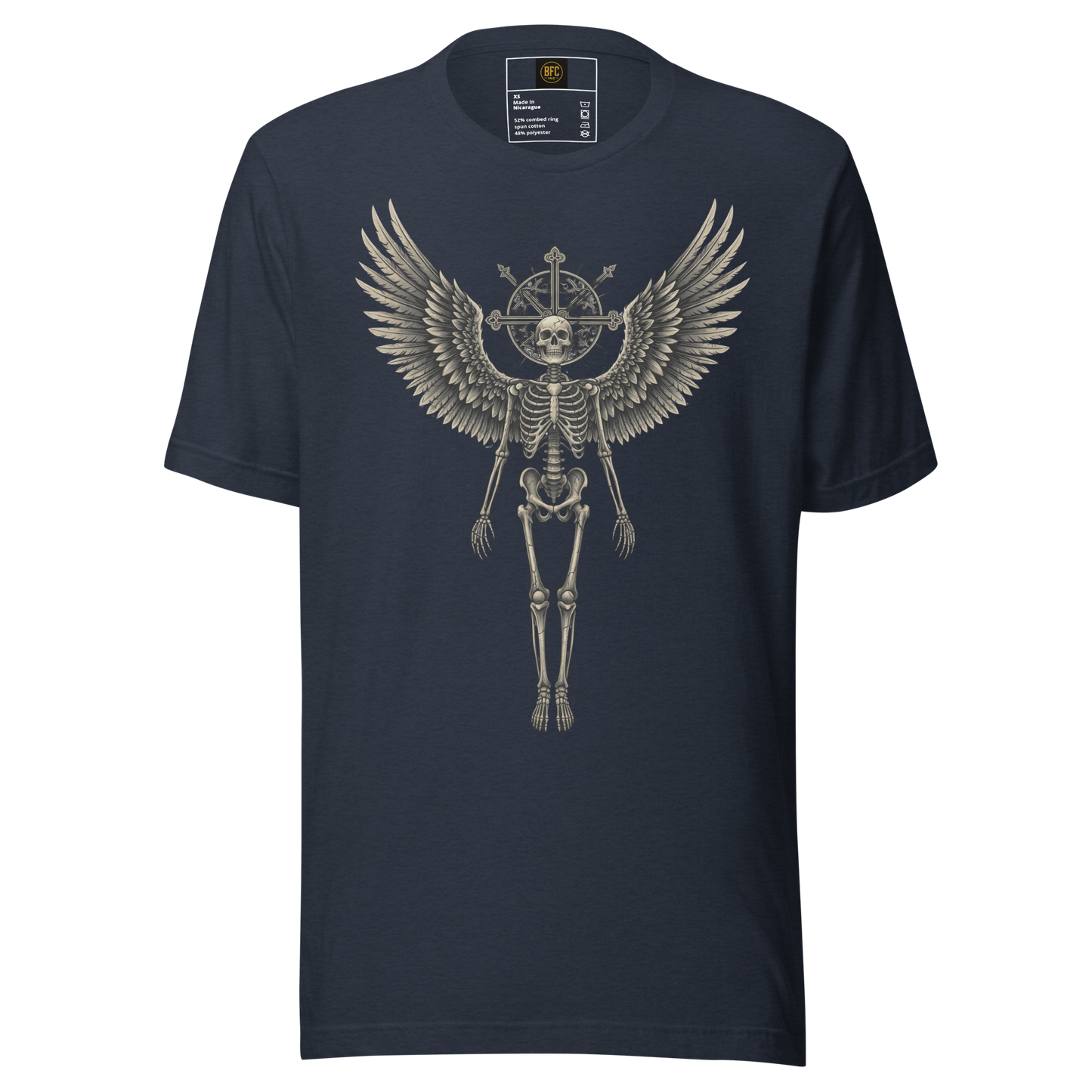 Grave to Glory – Cotton Graphic T-Shirt for Men and Women, Angel Skeleton Streetwear with Glowing Halo Design, Spiritual Grunge Apparel for Soul Survivors and Resilient Rebels