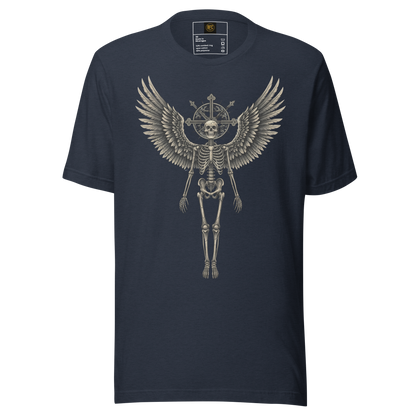Grave to Glory – Cotton Graphic T-Shirt for Men and Women, Angel Skeleton Streetwear with Glowing Halo Design, Spiritual Grunge Apparel for Soul Survivors and Resilient Rebels