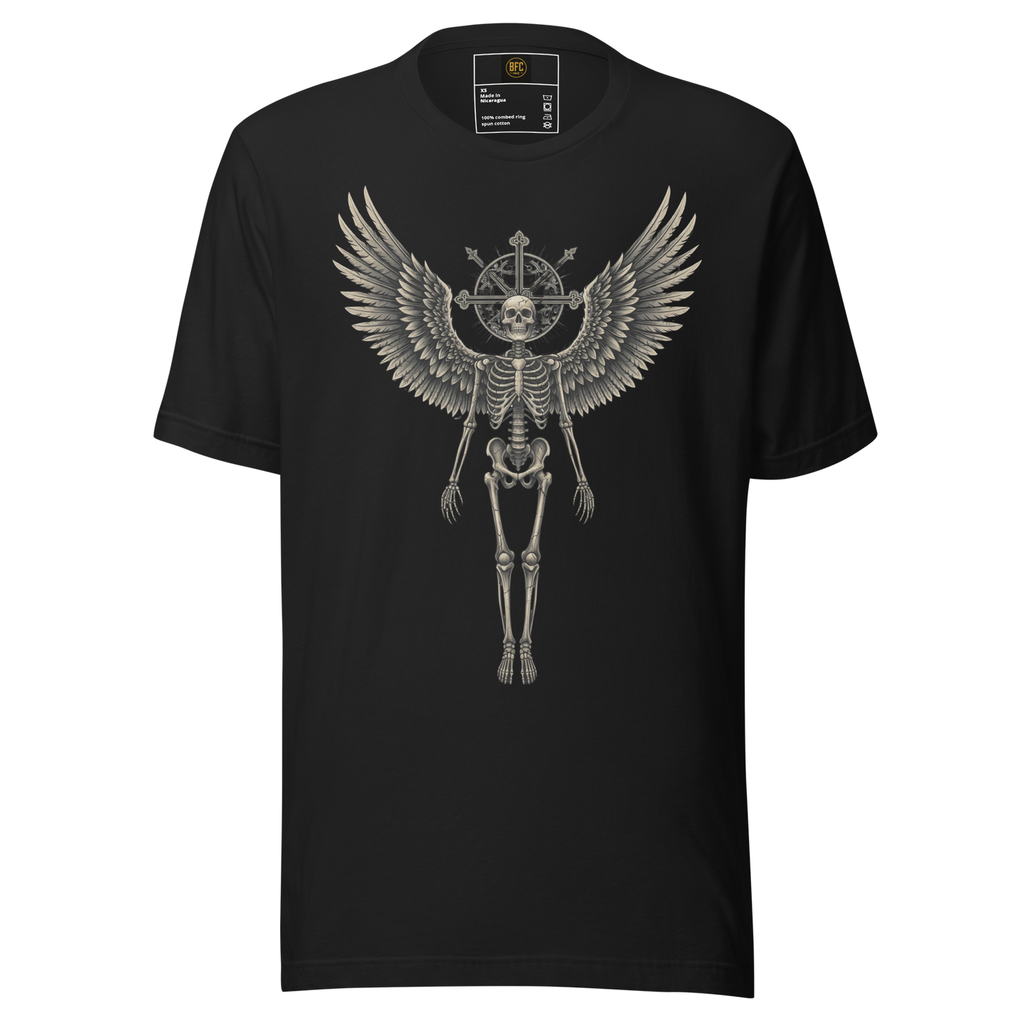 Grave to Glory – Cotton Graphic T-Shirt for Men and Women, Angel Skeleton Streetwear with Glowing Halo Design, Spiritual Grunge Apparel for Soul Survivors and Resilient Rebels