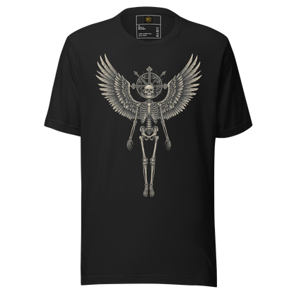 Grave to Glory – Cotton Graphic T-Shirt for Men and Women, Angel Skeleton Streetwear with Glowing Halo Design, Spiritual Grunge Apparel for Soul Survivors and Resilient Rebels