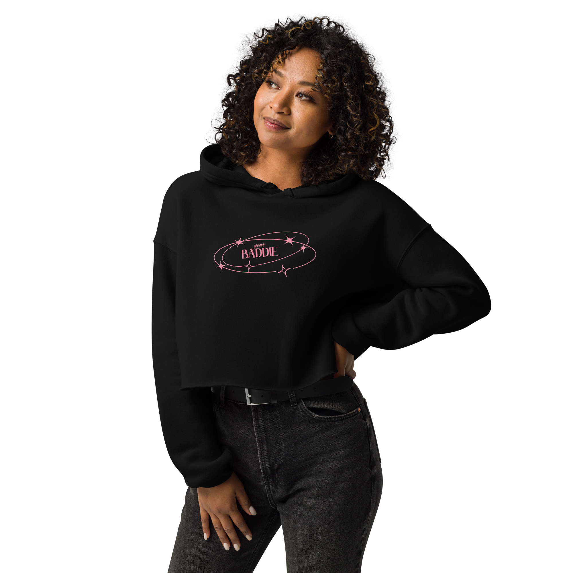 Your Baddie – Cropped Cotton Hoodie for Women, Pink Graphic Streetwear with Cosmic Vibes and Confident Girl Aesthetic, Soft Urban Loungewear for Empowered Style