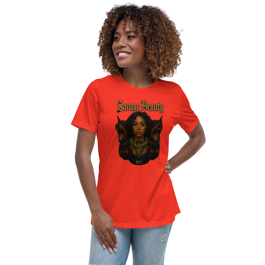 Savage Beauty – Bold Cotton Graphic Tee for Women, Gothic Streetwear with Dobermann Dog and Serpent Art, Fierce Feminine Statement Apparel with Attitude