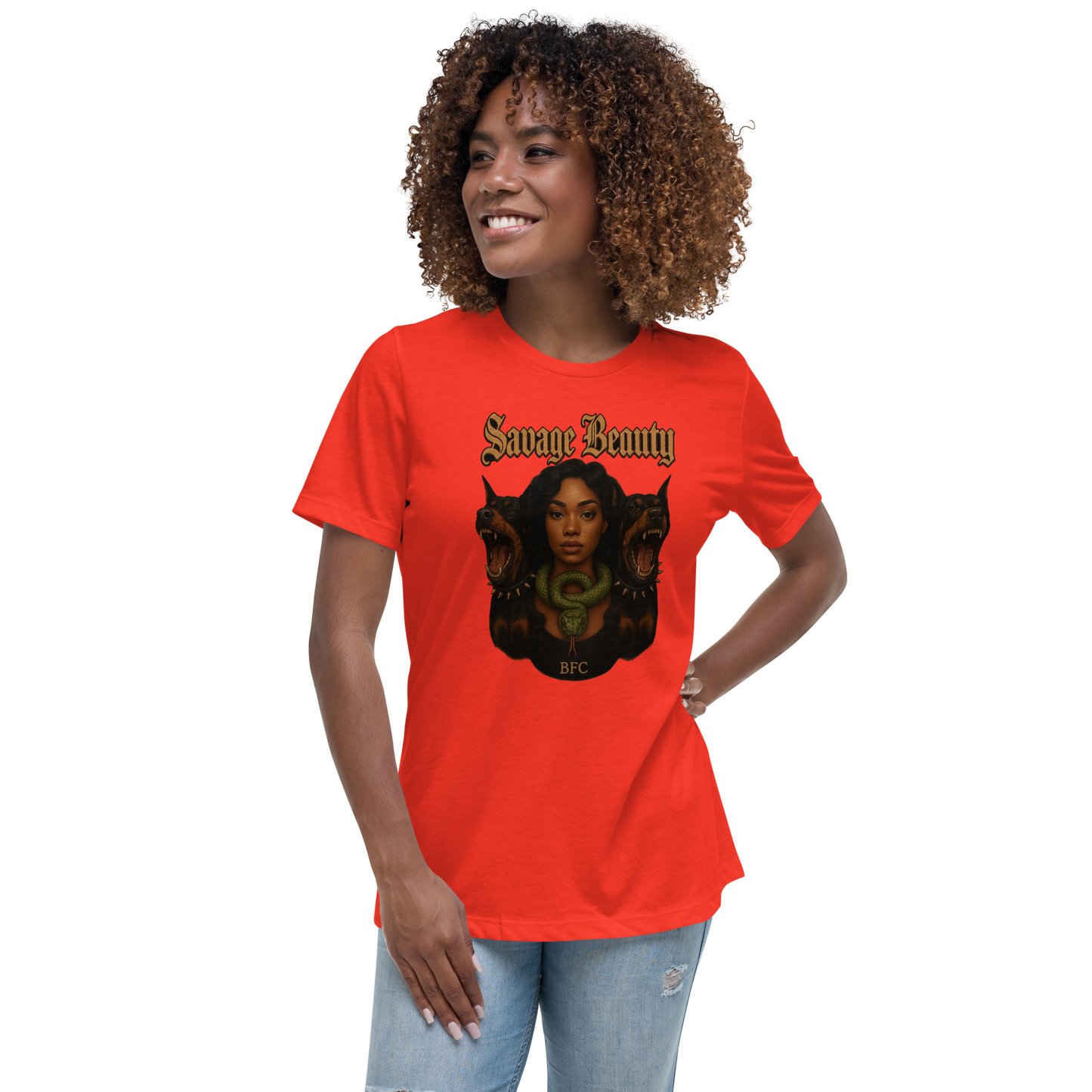 Savage Beauty – Bold Cotton Graphic Tee for Women, Gothic Streetwear with Dobermann Dog and Serpent Art, Fierce Feminine Statement Apparel with Attitude