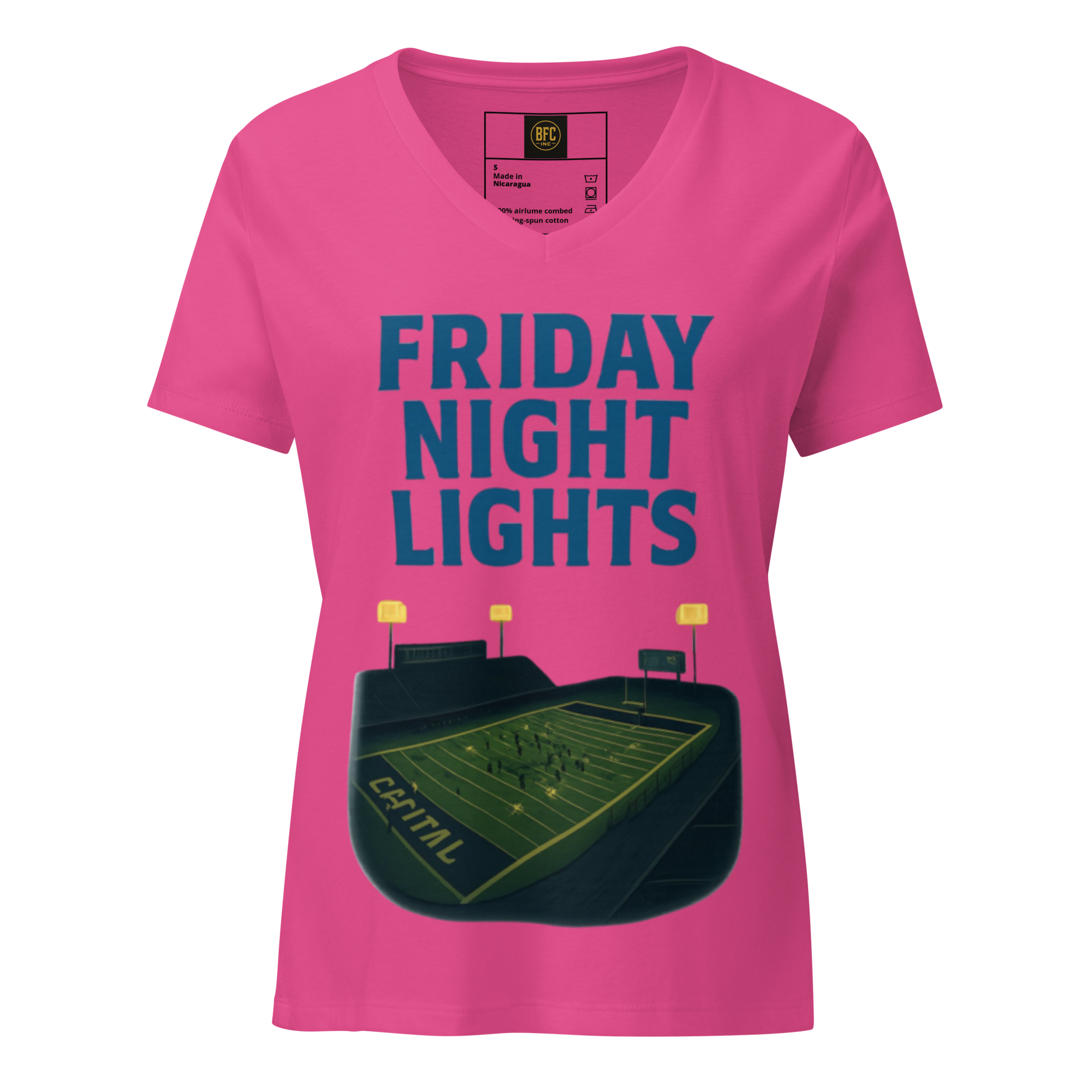 Friday Night Lights – V-Neck Cotton Football Shirt for Women, Capital High Game Night Spiritwear with End Zone Graphic, Alumni and Student Season Apparel