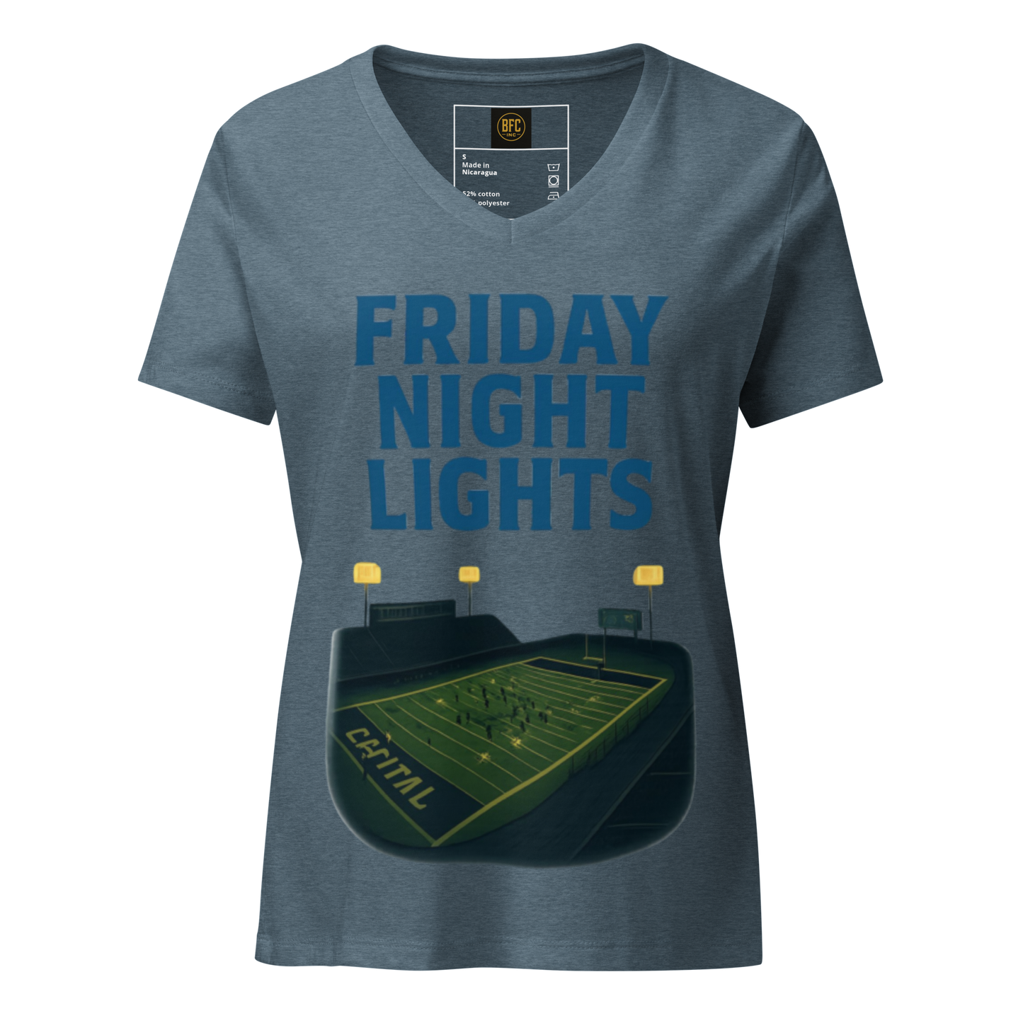 Friday Night Lights – V-Neck Cotton Football Shirt for Women, Capital High Game Night Spiritwear with End Zone Graphic, Alumni and Student Season Apparel