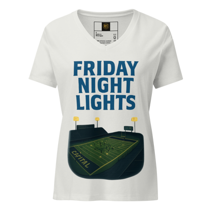 Friday Night Lights – V-Neck Cotton Football Shirt for Women, Capital High Game Night Spiritwear with End Zone Graphic, Alumni and Student Season Apparel