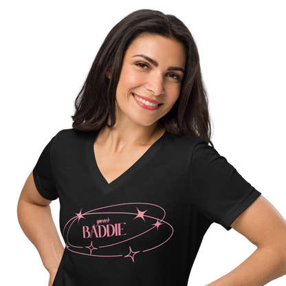 Your Baddie – Cotton V-Neck T-Shirt for Women, Main Character Graphic Tee with Pink Power and Cosmic Confidence, Bold Feminine Streetwear for Stylish Empowerment