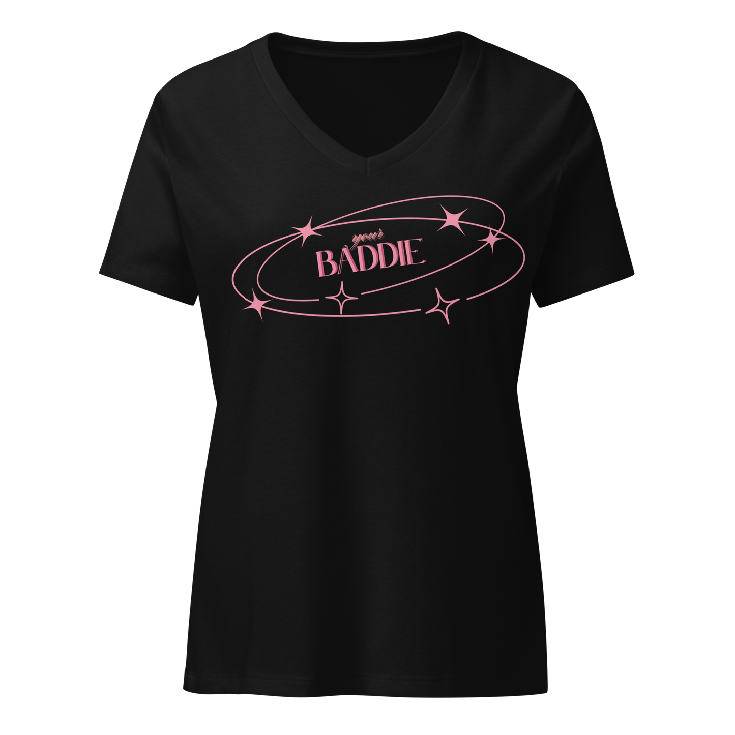 Your Baddie – Cotton V-Neck T-Shirt for Women, Main Character Graphic Tee with Pink Power and Cosmic Confidence, Bold Feminine Streetwear for Stylish Empowerment