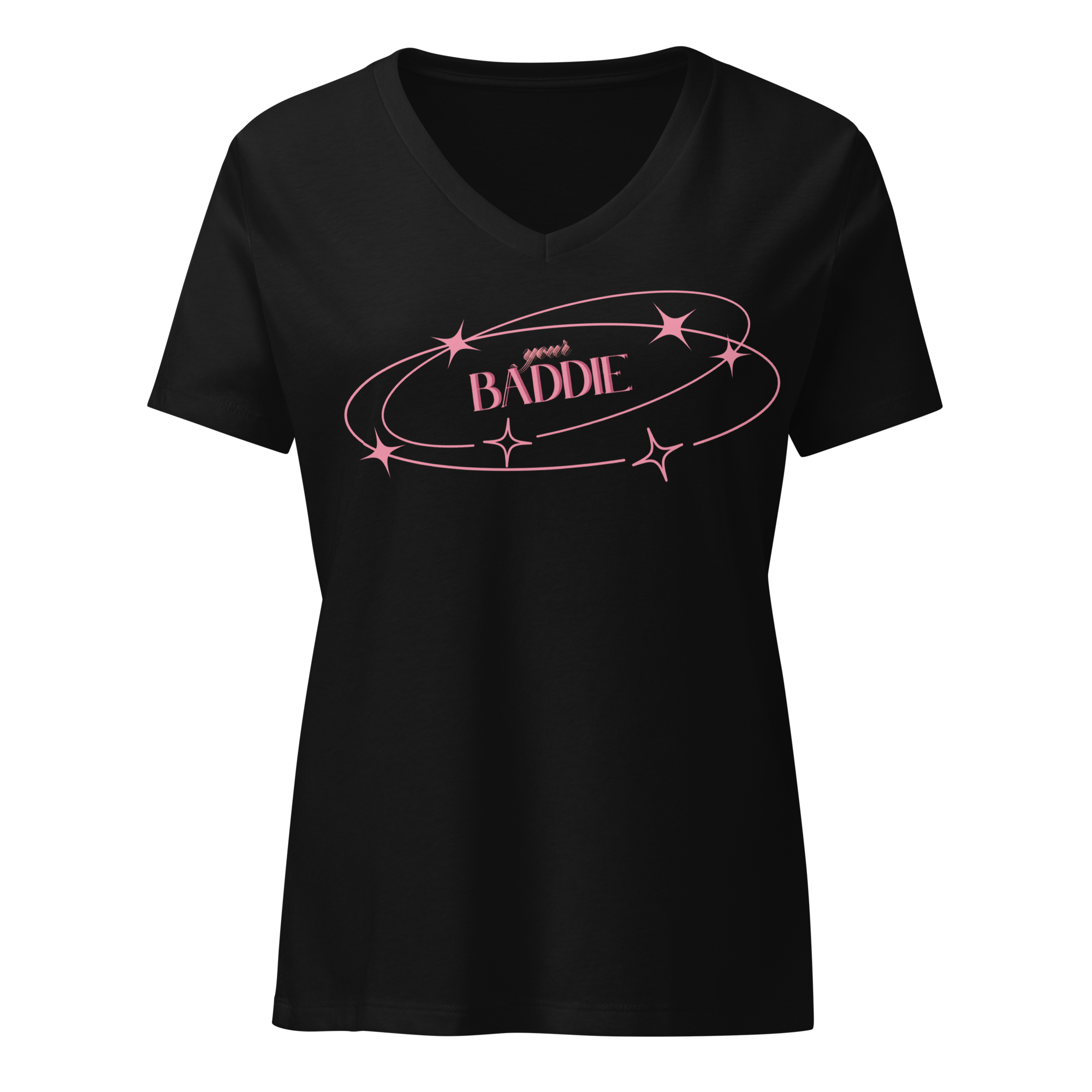 Your Baddie – Cotton V-Neck T-Shirt for Women, Main Character Graphic Tee with Pink Power and Cosmic Confidence, Bold Feminine Streetwear for Stylish Empowerment