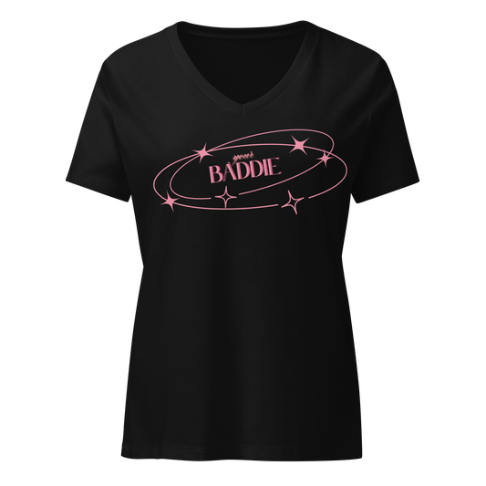 Your Baddie – Cotton V-Neck T-Shirt for Women, Main Character Graphic Tee with Pink Power and Cosmic Confidence, Bold Feminine Streetwear for Stylish Empowerment