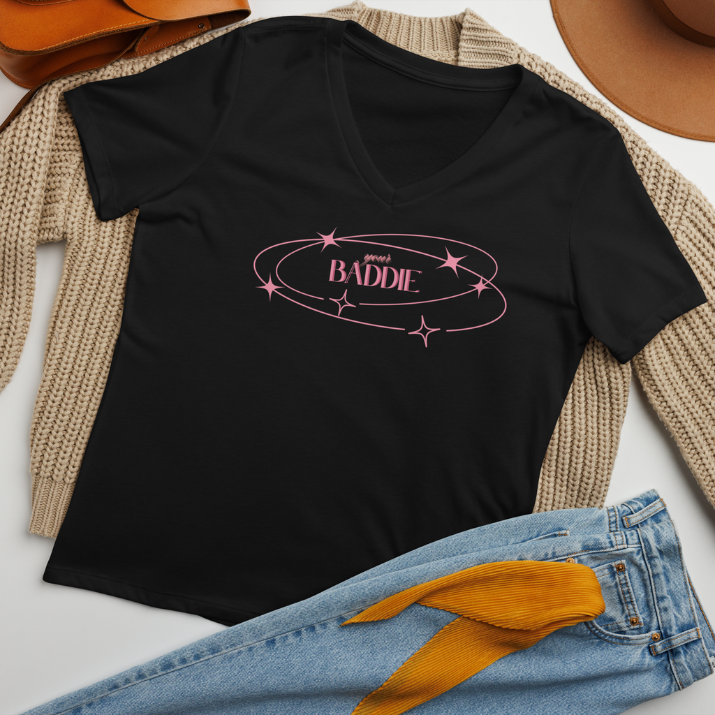 Your Baddie – Cotton V-Neck T-Shirt for Women, Main Character Graphic Tee with Pink Power and Cosmic Confidence, Bold Feminine Streetwear for Stylish Empowerment