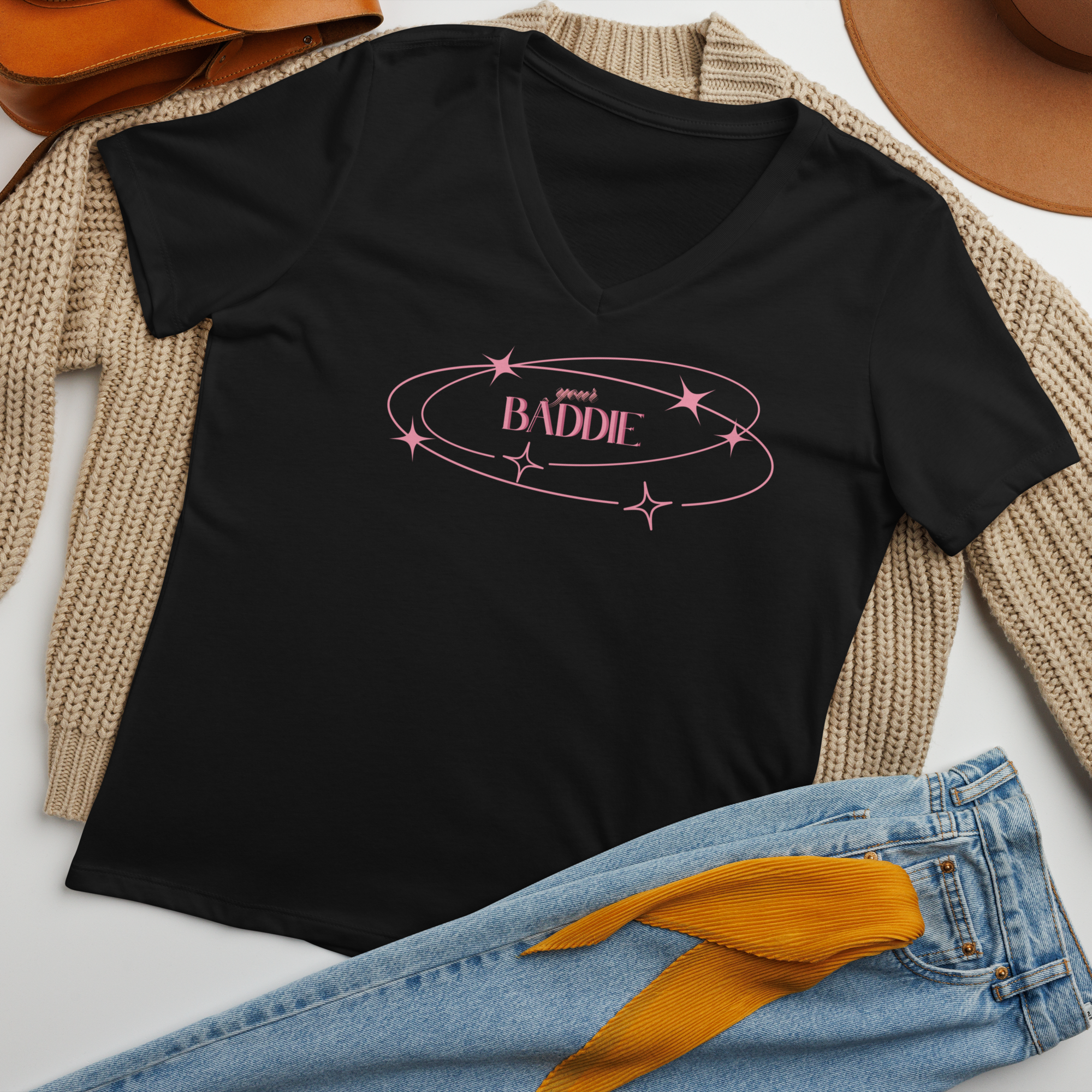 Your Baddie – Cotton V-Neck T-Shirt for Women, Main Character Graphic Tee with Pink Power and Cosmic Confidence, Bold Feminine Streetwear for Stylish Empowerment