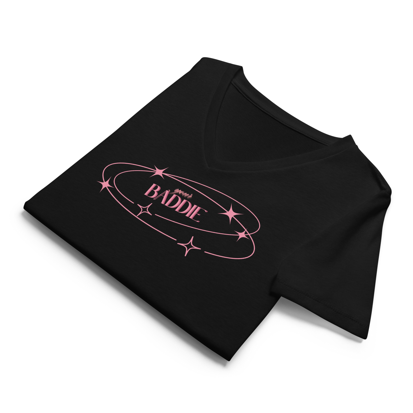 Your Baddie – Cotton V-Neck T-Shirt for Women, Main Character Graphic Tee with Pink Power and Cosmic Confidence, Bold Feminine Streetwear for Stylish Empowerment