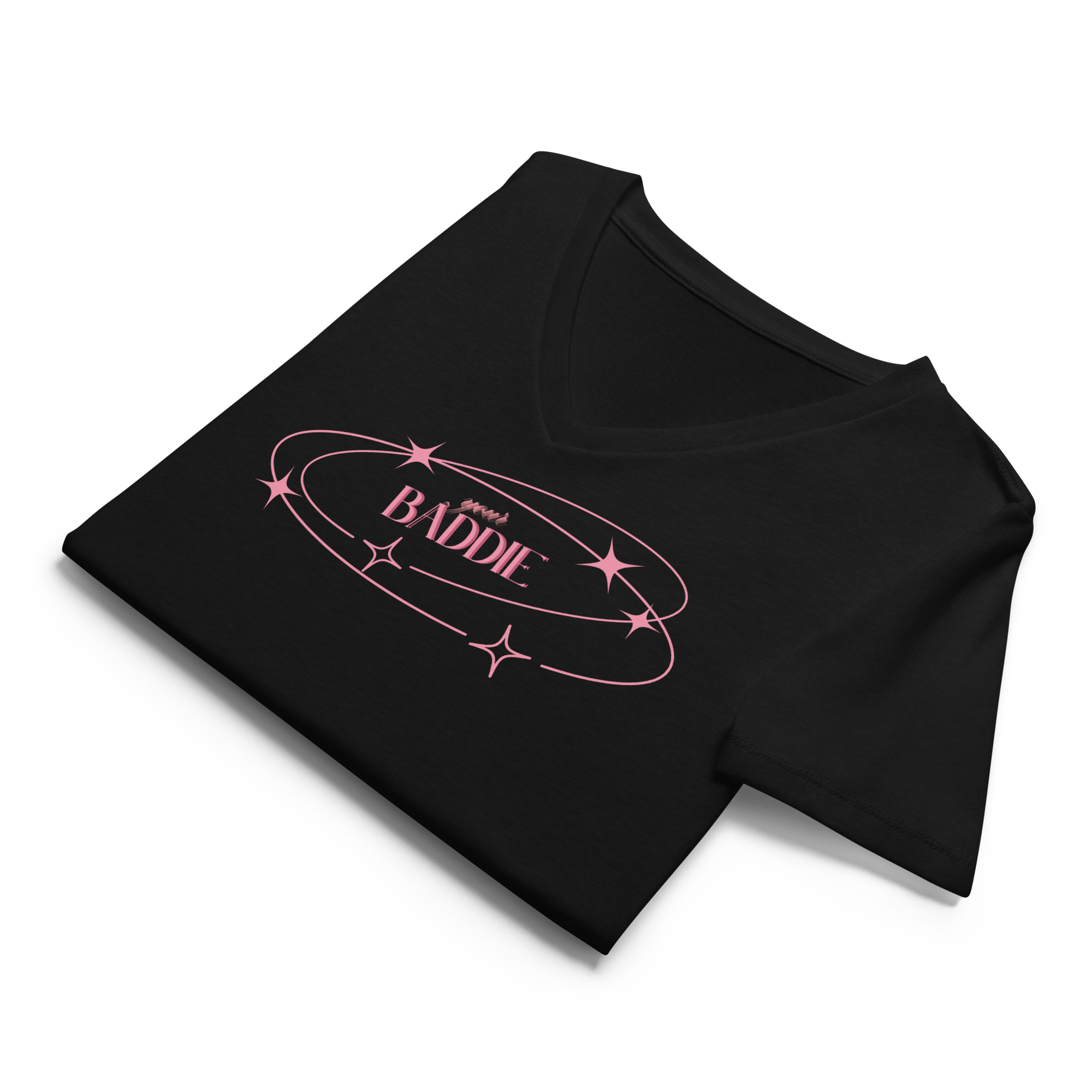 Your Baddie – Cotton V-Neck T-Shirt for Women, Main Character Graphic Tee with Pink Power and Cosmic Confidence, Bold Feminine Streetwear for Stylish Empowerment