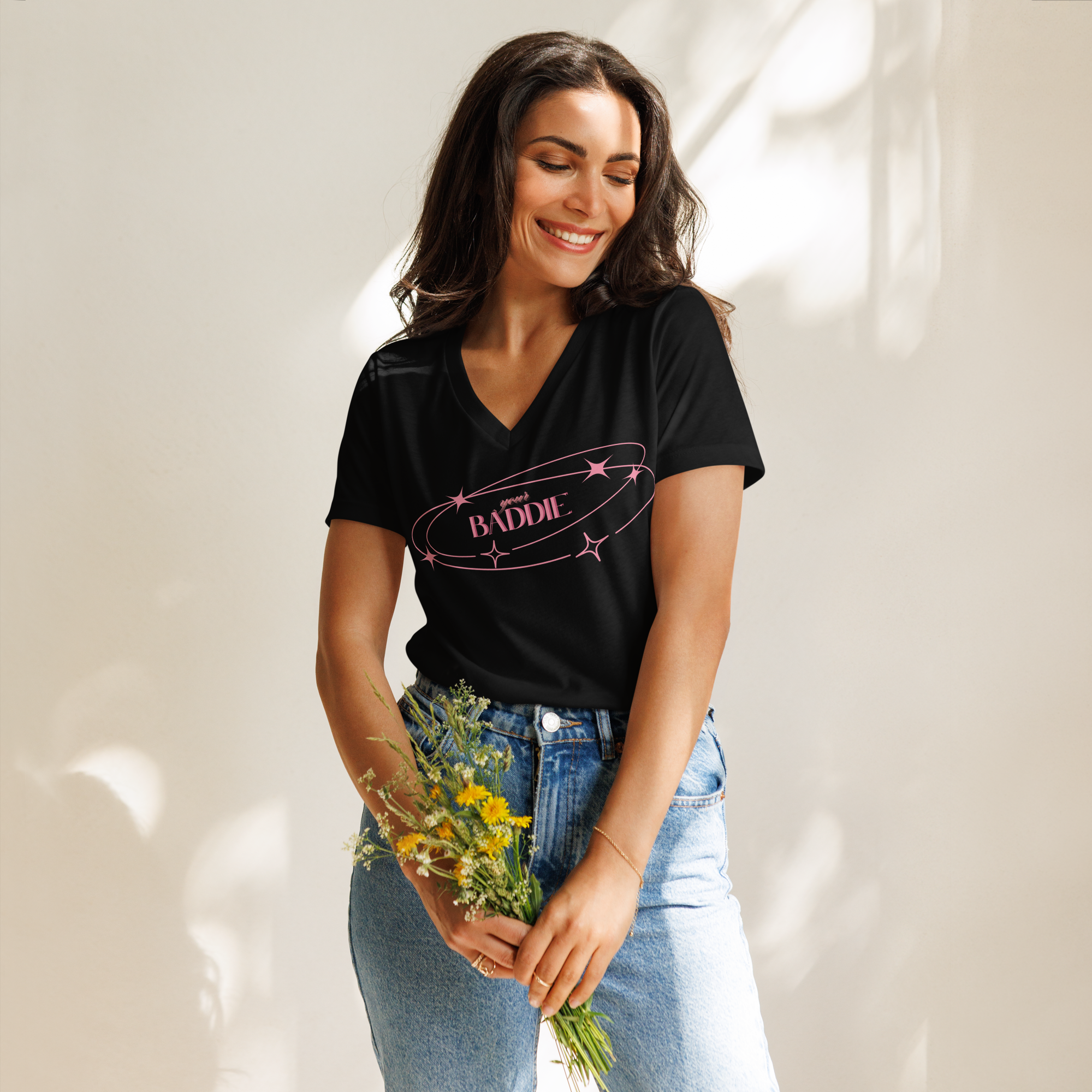 Your Baddie – Cotton V-Neck T-Shirt for Women, Main Character Graphic Tee with Pink Power and Cosmic Confidence, Bold Feminine Streetwear for Stylish Empowerment