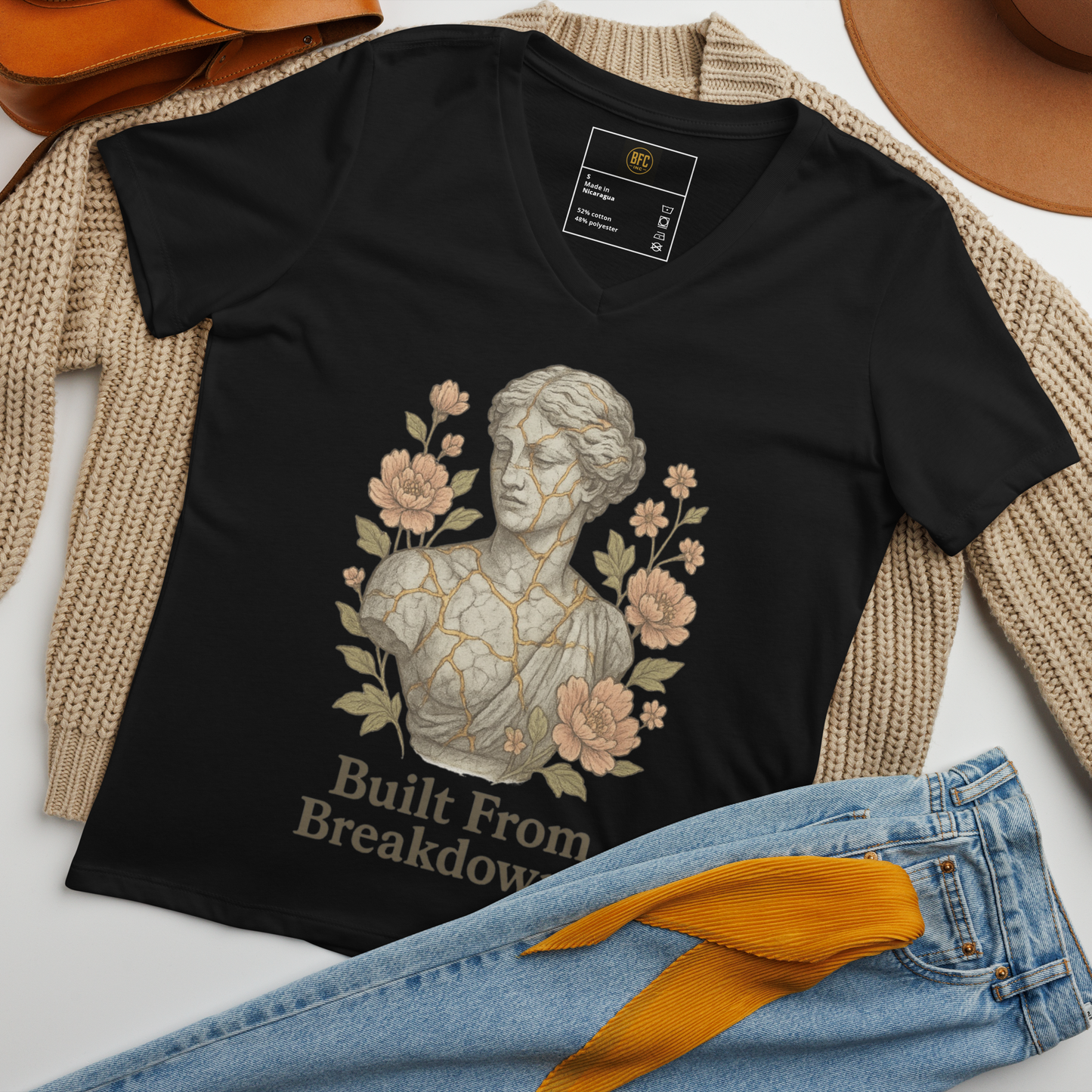 Built From Breakdowns – Cotton V-Neck T-Shirt for Women, Kintsugi-Inspired Healing Graphic with Gold Crack Detail, Elegant Apparel for Emotional Growth and Inner Strength