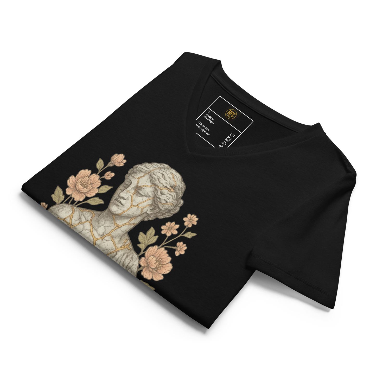Built From Breakdowns – Cotton V-Neck T-Shirt for Women, Kintsugi-Inspired Healing Graphic with Gold Crack Detail, Elegant Apparel for Emotional Growth and Inner Strength