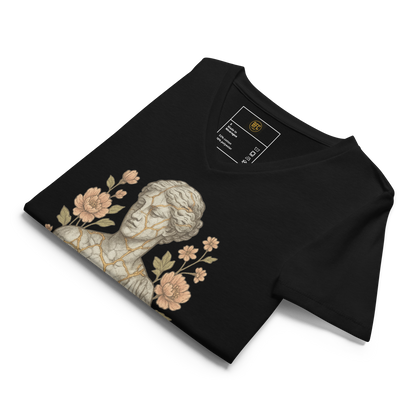 Built From Breakdowns – Cotton V-Neck T-Shirt for Women, Kintsugi-Inspired Healing Graphic with Gold Crack Detail, Elegant Apparel for Emotional Growth and Inner Strength