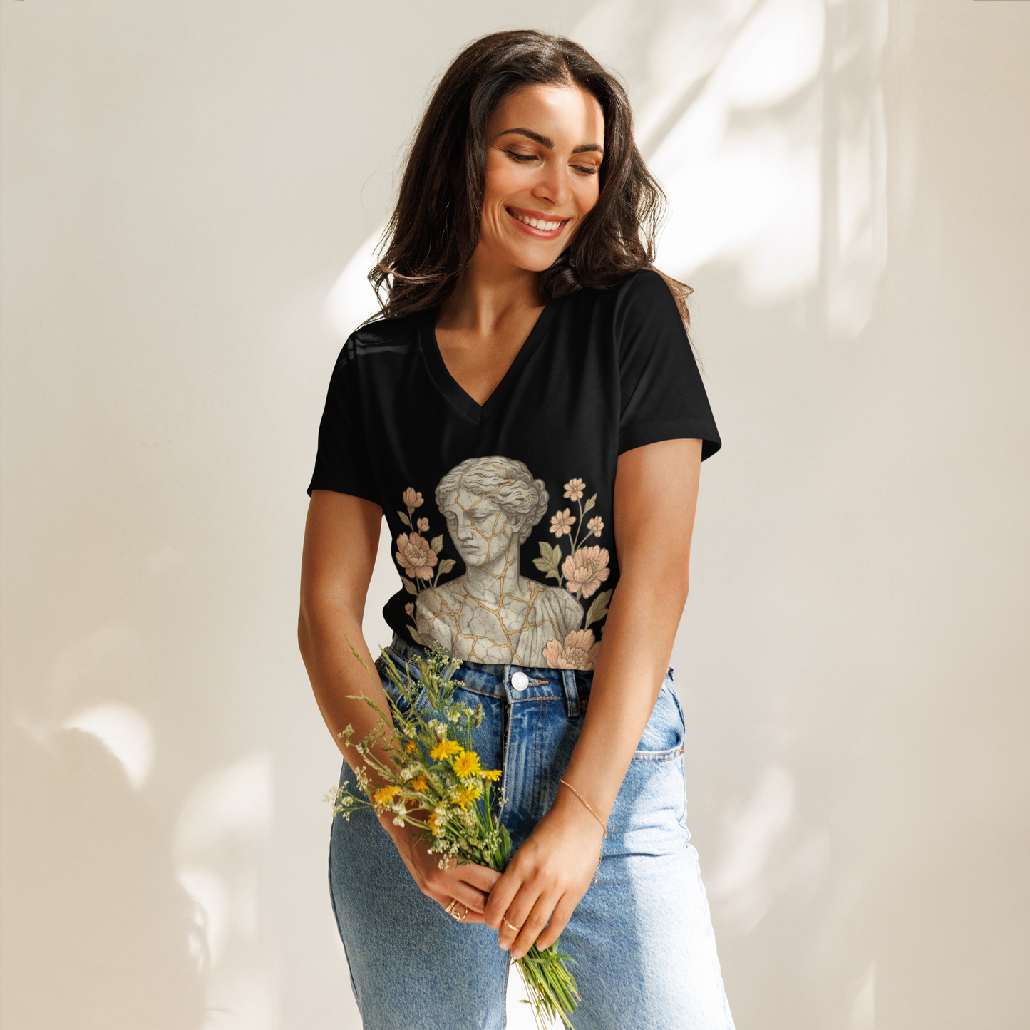 Built From Breakdowns – Cotton V-Neck T-Shirt for Women, Kintsugi-Inspired Healing Graphic with Gold Crack Detail, Elegant Apparel for Emotional Growth and Inner Strength