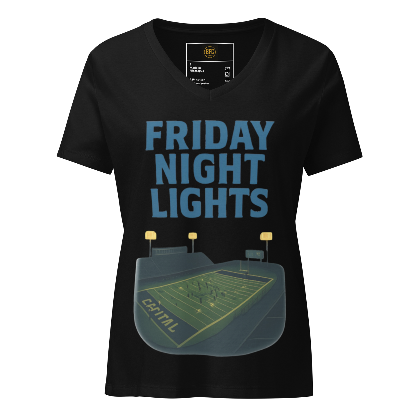 Friday Night Lights – V-Neck Cotton Football Shirt for Women, Capital High Game Night Spiritwear with End Zone Graphic, Alumni and Student Season Apparel