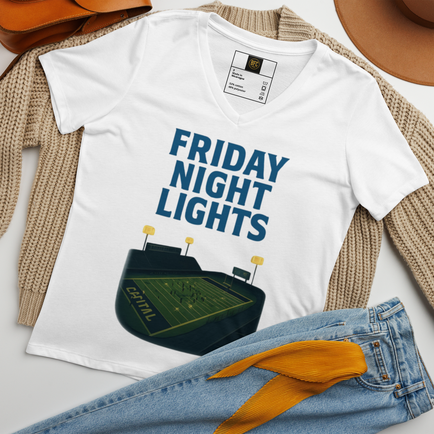 Friday Night Lights – V-Neck Cotton Football Shirt for Women, Capital High Game Night Spiritwear with End Zone Graphic, Alumni and Student Season Apparel