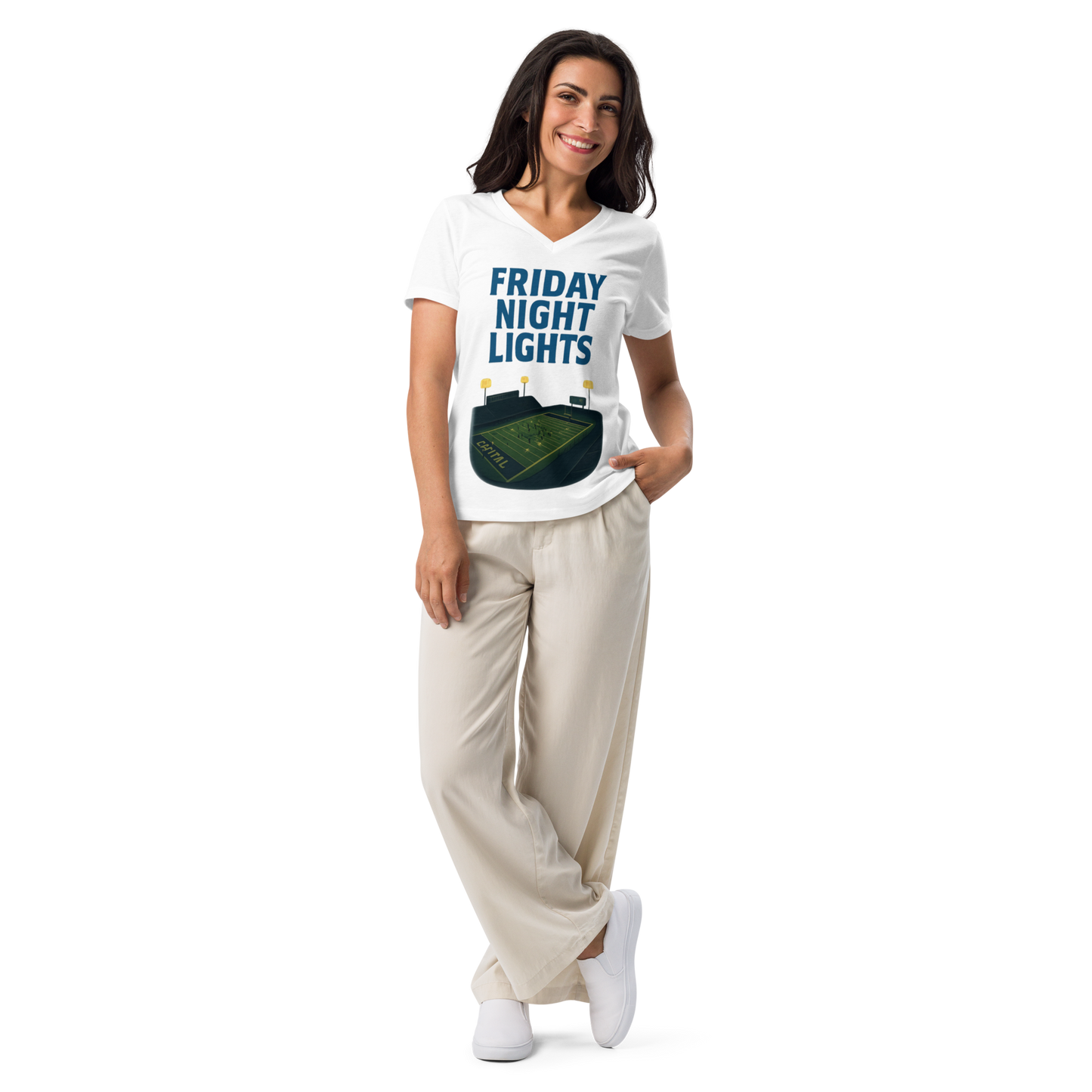 Friday Night Lights – V-Neck Cotton Football Shirt for Women, Capital High Game Night Spiritwear with End Zone Graphic, Alumni and Student Season Apparel