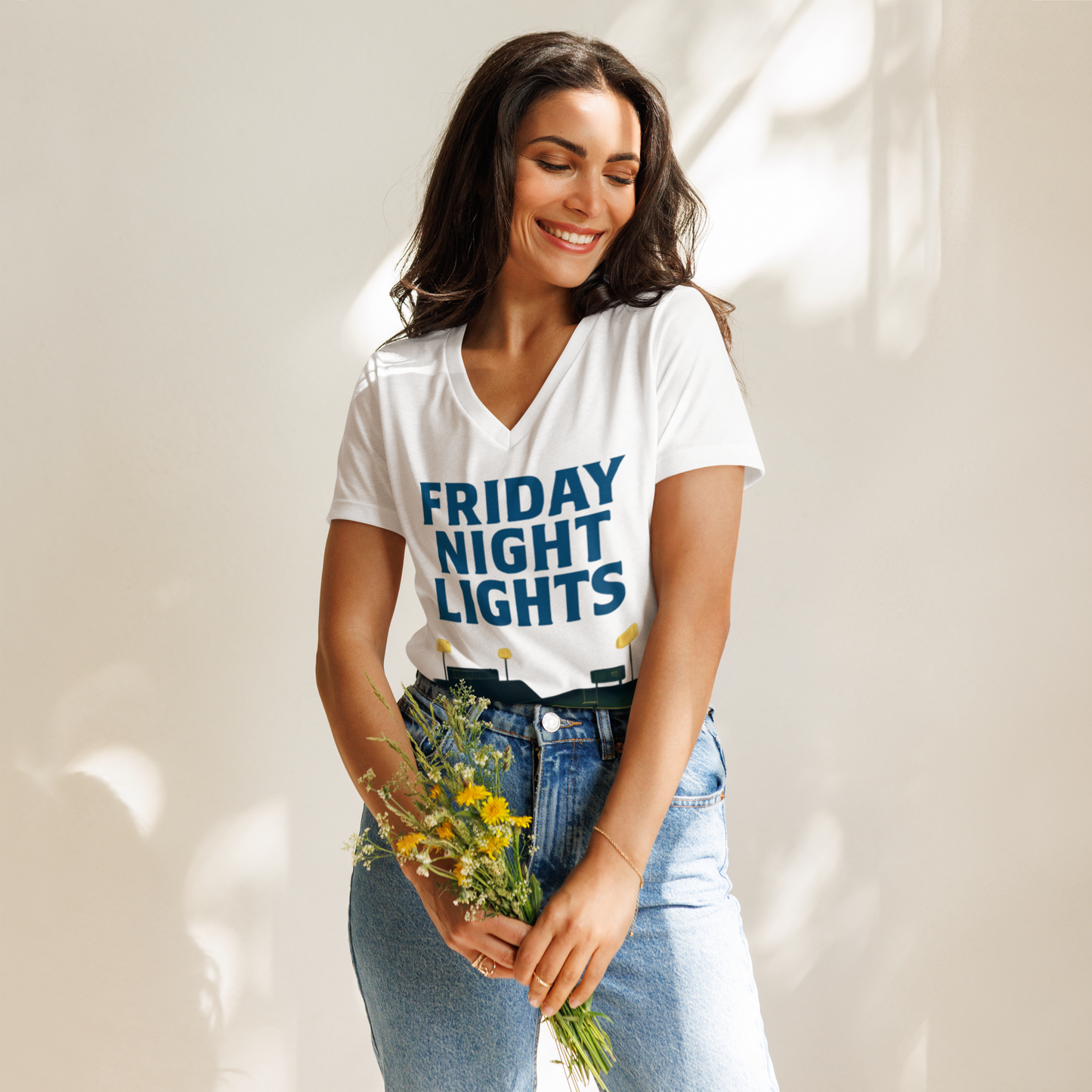 Friday Night Lights – V-Neck Cotton Football Shirt for Women, Capital High Game Night Spiritwear with End Zone Graphic, Alumni and Student Season Apparel