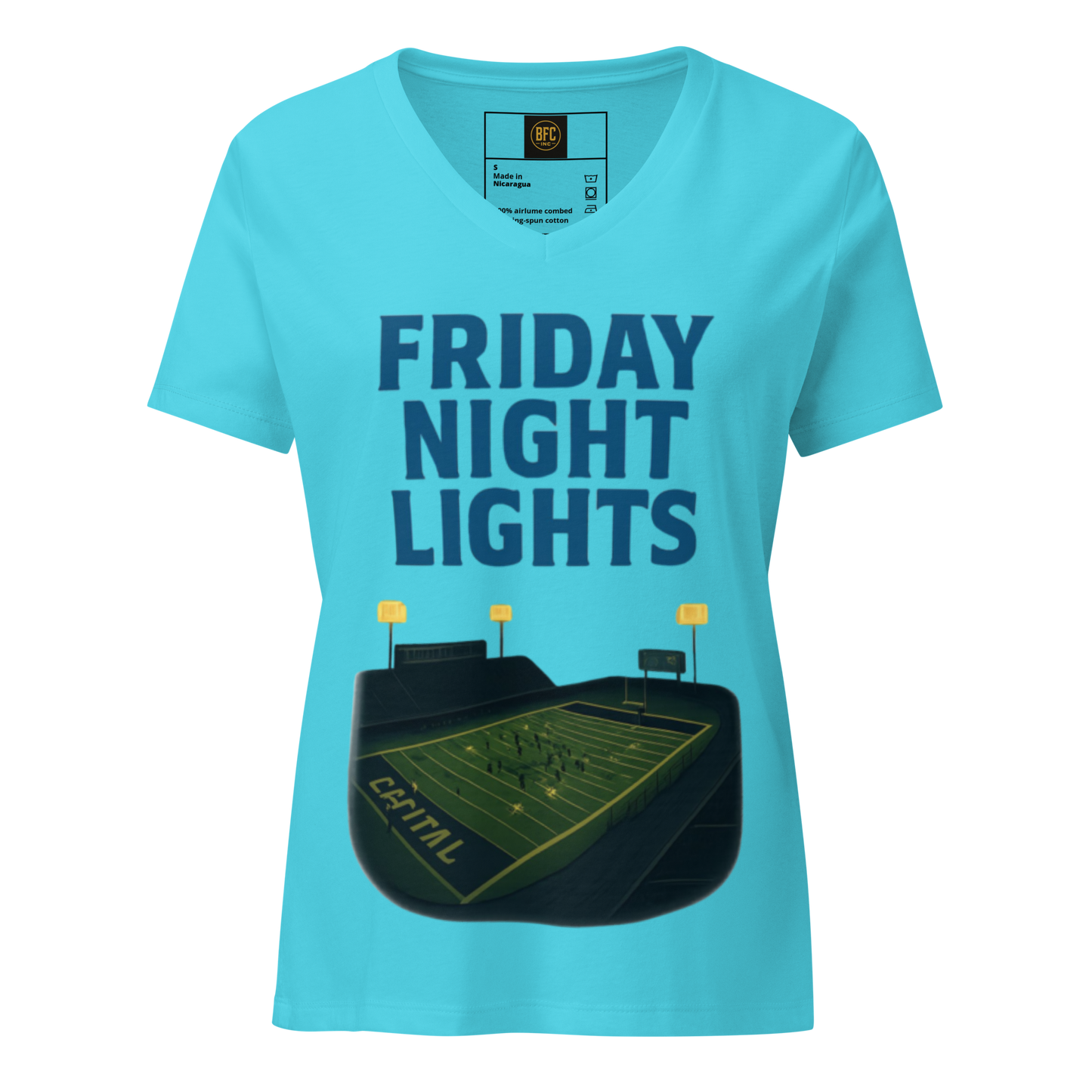 Friday Night Lights – V-Neck Cotton Football Shirt for Women, Capital High Game Night Spiritwear with End Zone Graphic, Alumni and Student Season Apparel