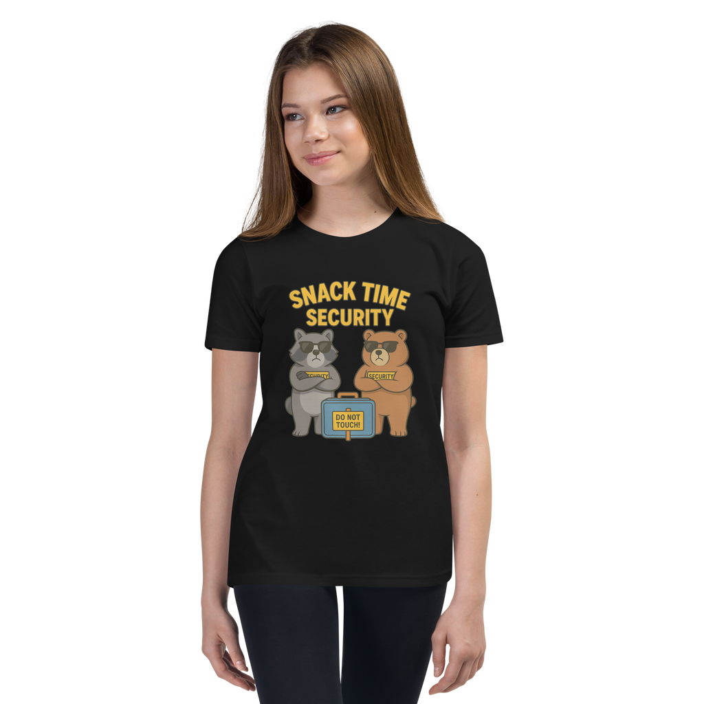 Snack Time Security – Funny Cotton Streetwear Shirt for Kids, Cartoon Bear Foodie Tee, Urban Graphic Youth T-Shirt, Playful Snack-Themed Apparel