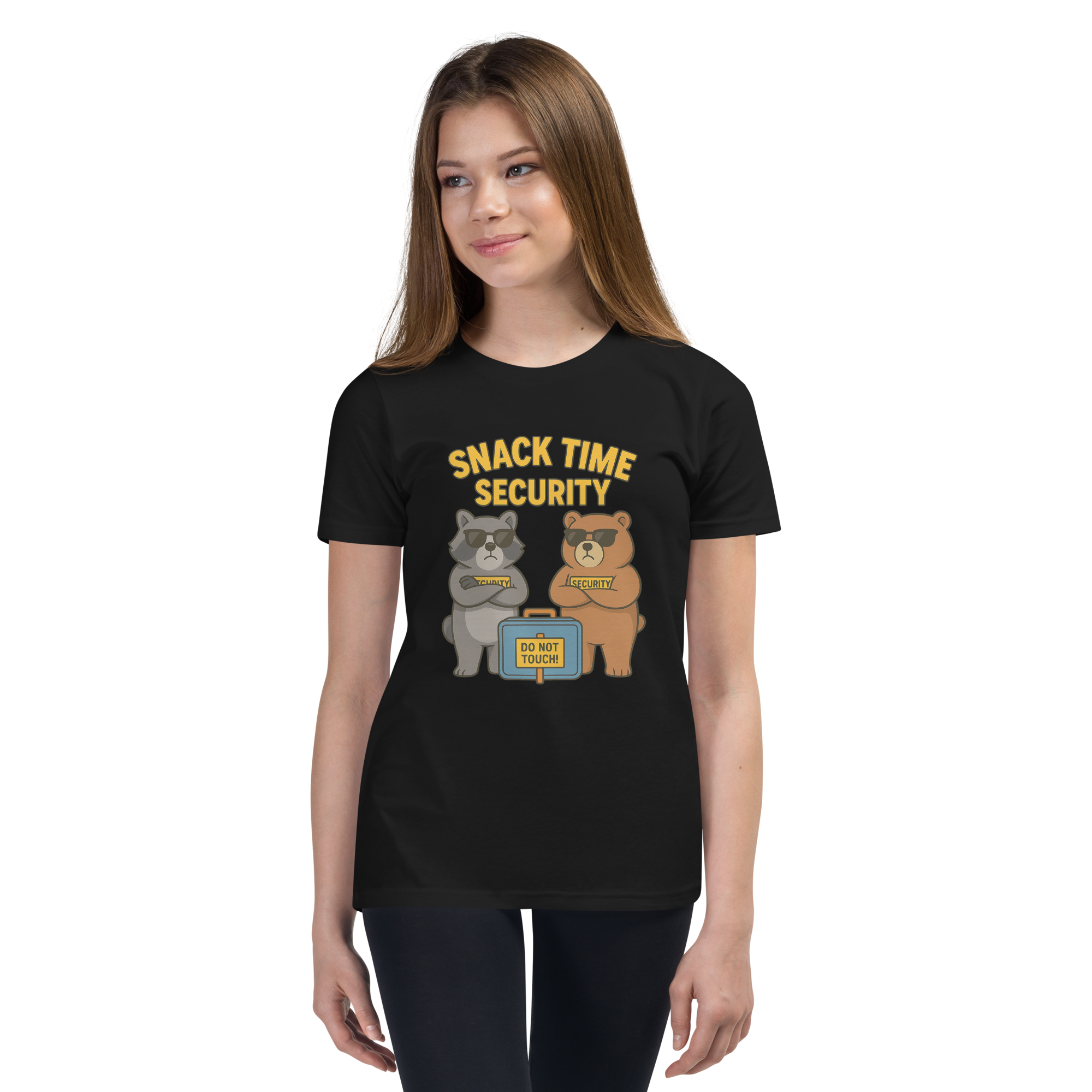 Snack Time Security – Funny Cotton Streetwear Shirt for Kids, Cartoon Bear Foodie Tee, Urban Graphic Youth T-Shirt, Playful Snack-Themed Apparel
