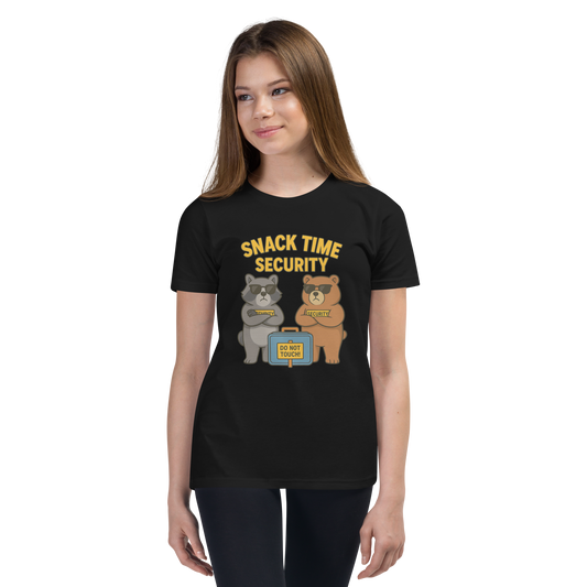 Snack Time Security – Funny Cotton Streetwear Shirt for Kids, Cartoon Bear Foodie Tee, Urban Graphic Youth T-Shirt, Playful Snack-Themed Apparel
